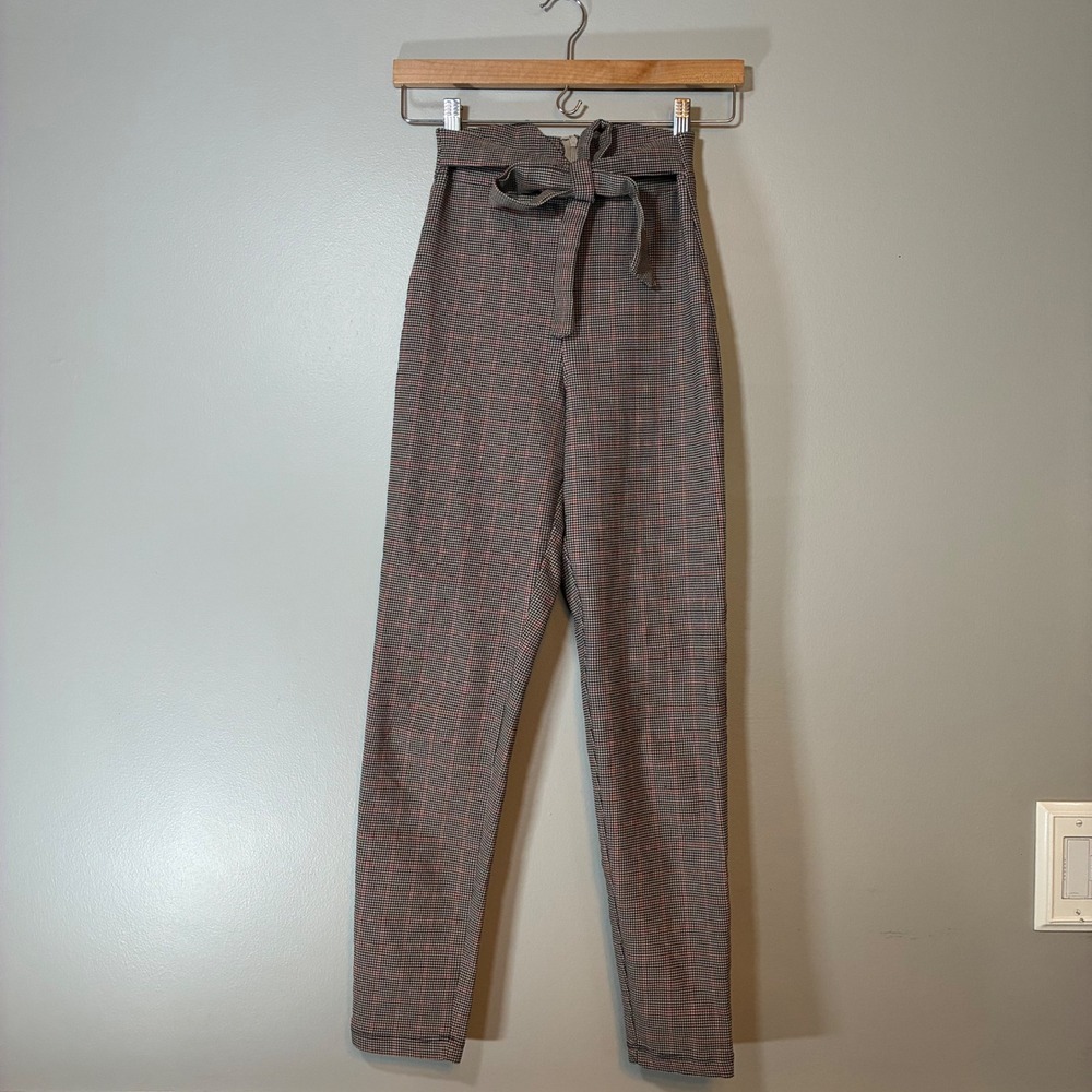 Windsor High Waisted Paperbag Plaid Pants Brown Red Glen Check Slim Tapered XS